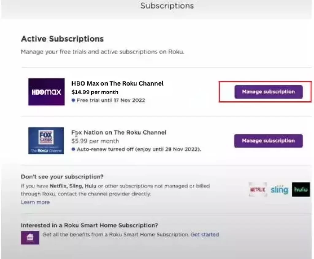 Manage Subscription on Roku site 