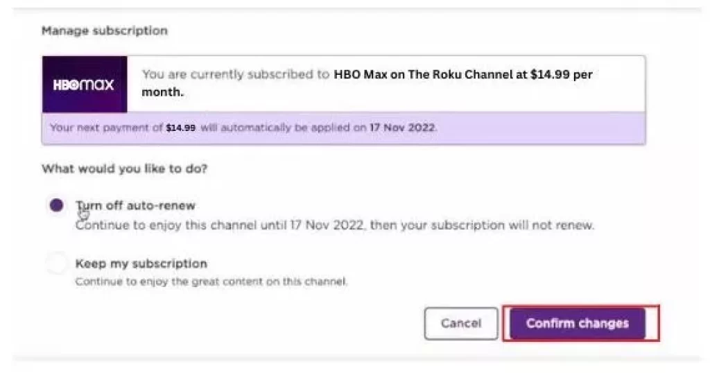 turn off auto-renew on Roku site 