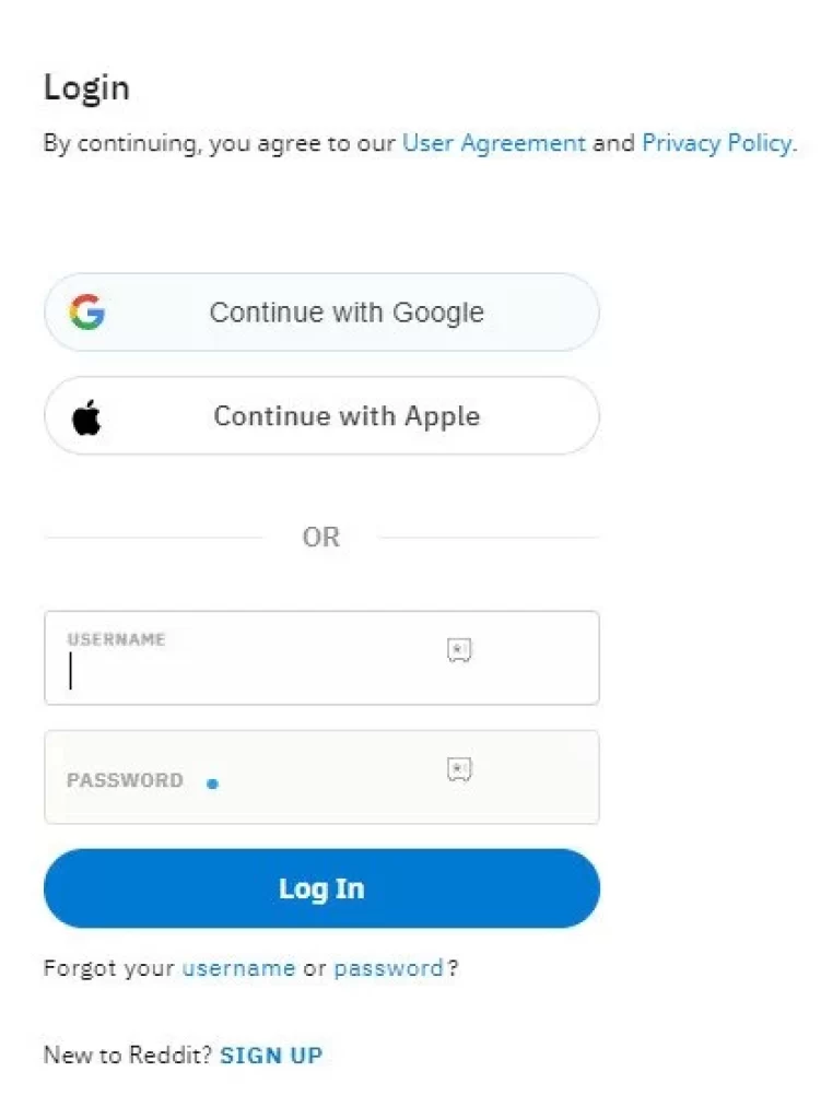 Reddit site login page