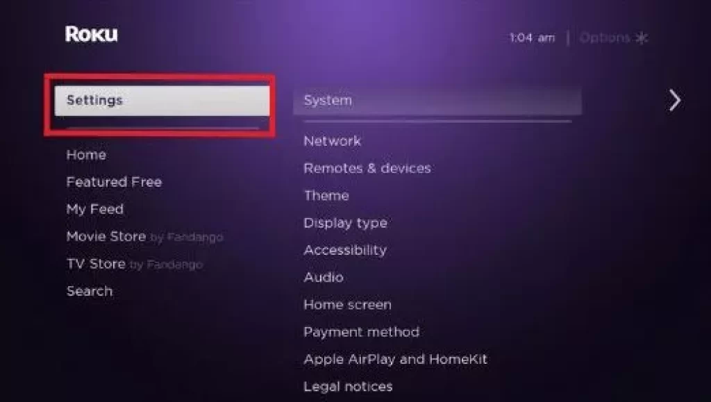 Settings Options on Roku TV