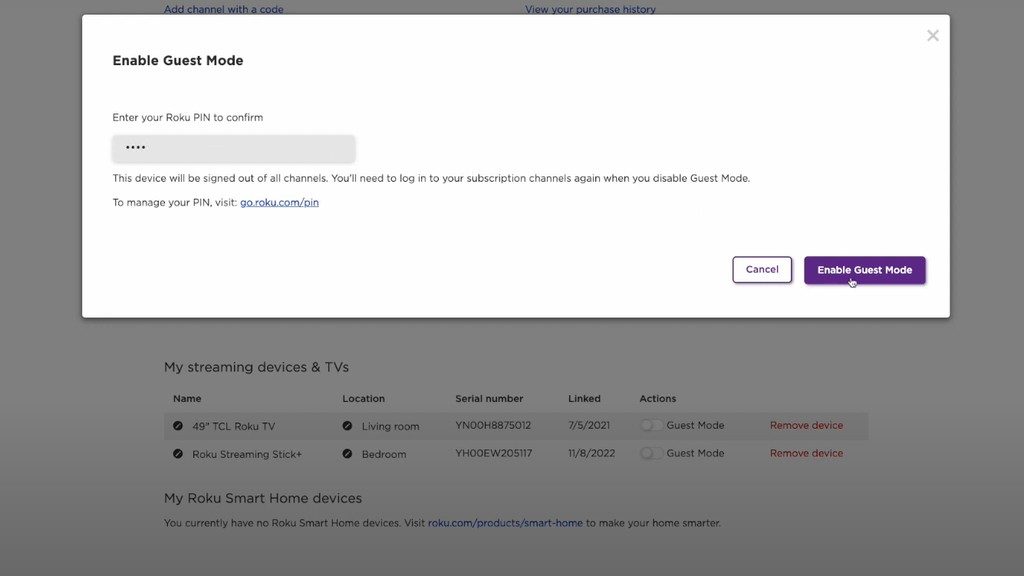 Roku asks for a PIN to activate guest mode
