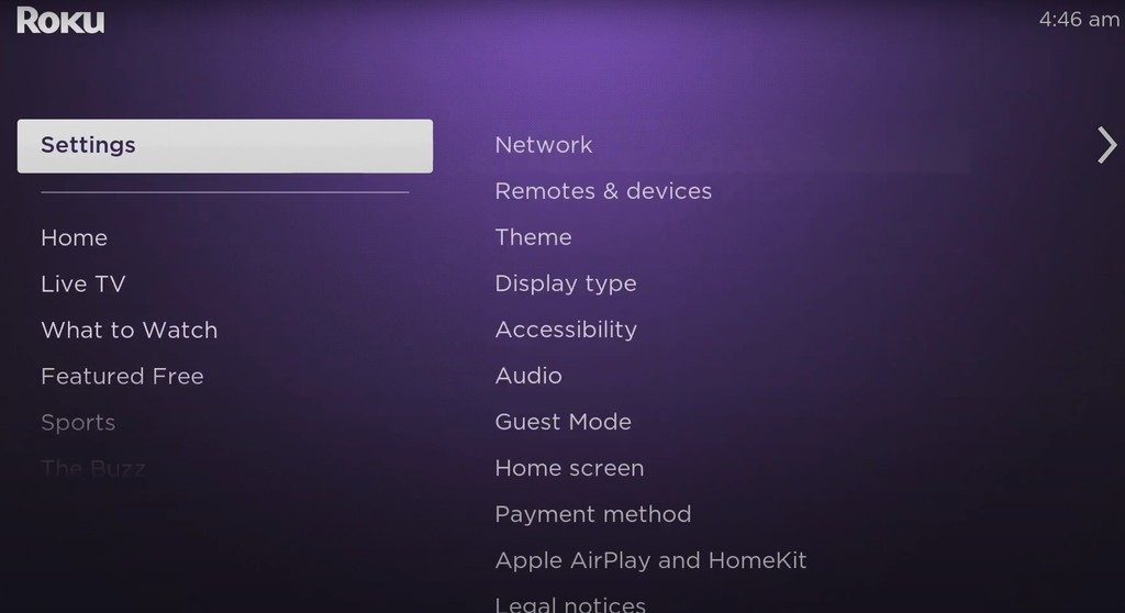 roku tv setting option