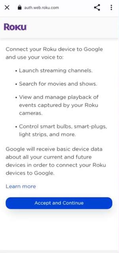 accept and continue option on roku site 