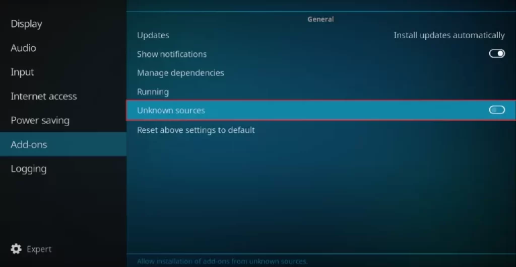 Unknown Sources option in Kodi app