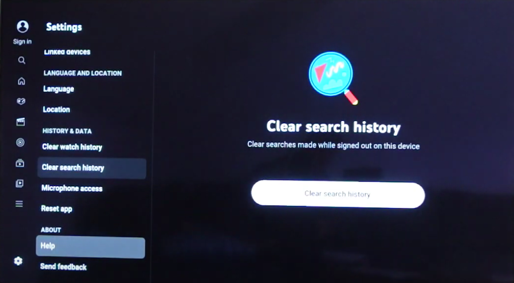 Clear search history button on TV screen.