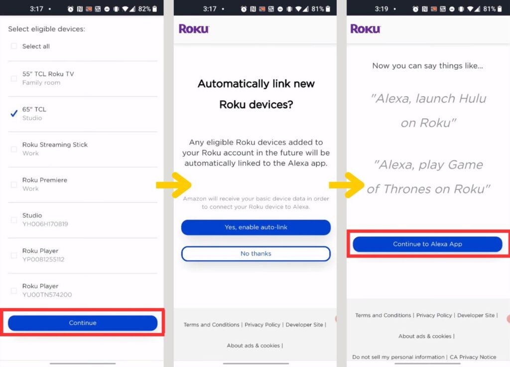 Selecting your Roku device on the Roku site