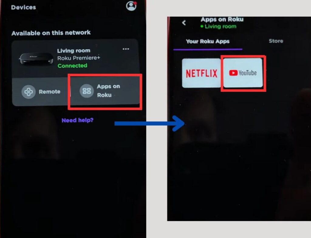 Apps on Roku option in roku mobile app