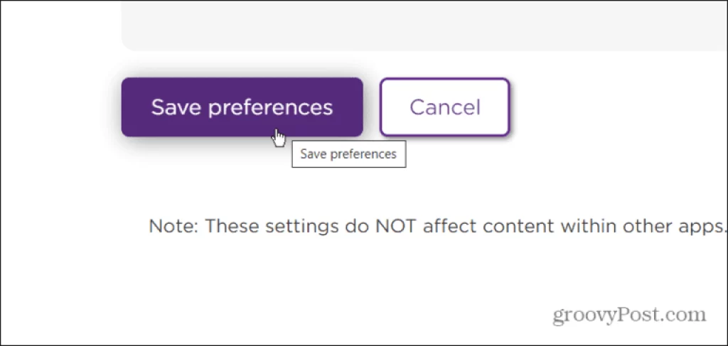 Save Preferences option on the Roku site