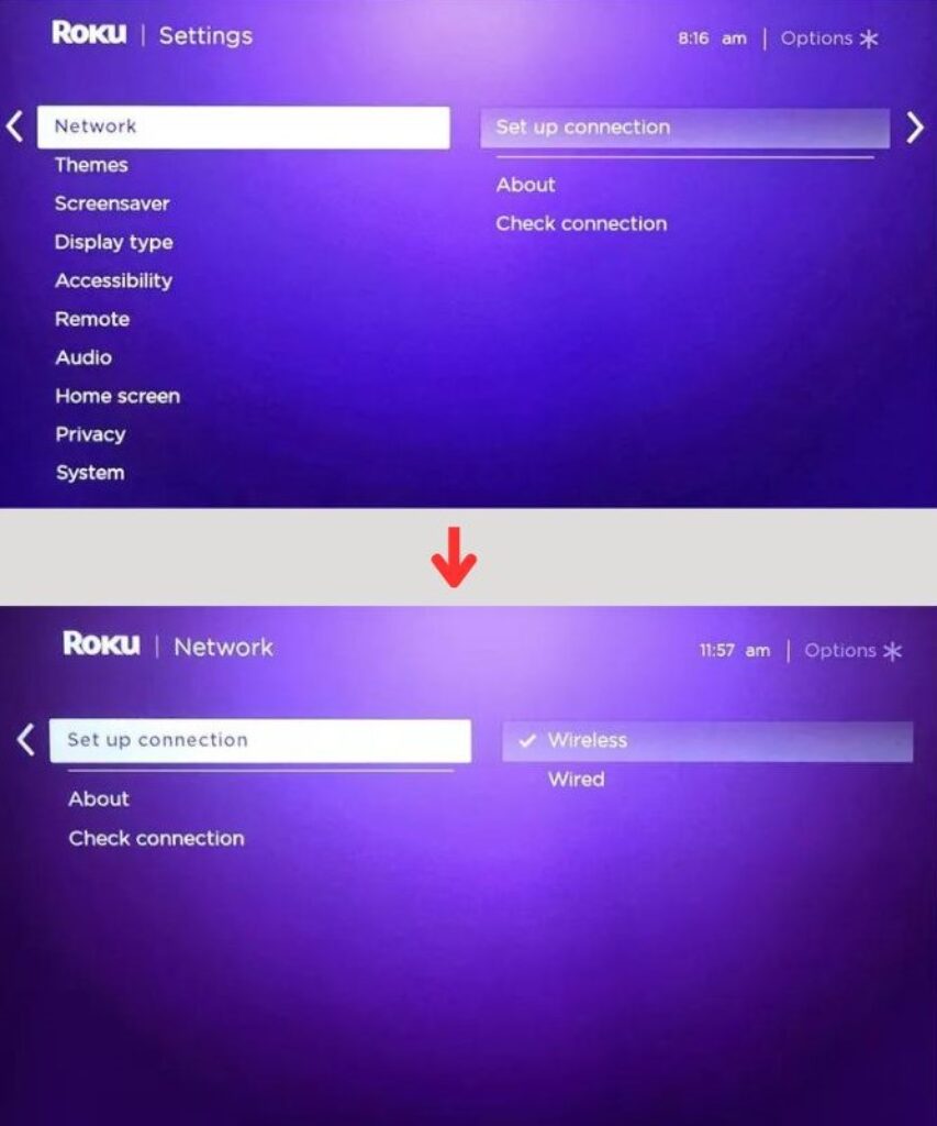 Selecting the Wireless option in Roku Settings