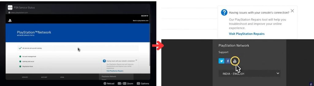 Accessing YouTube from PlayStation Network Status page