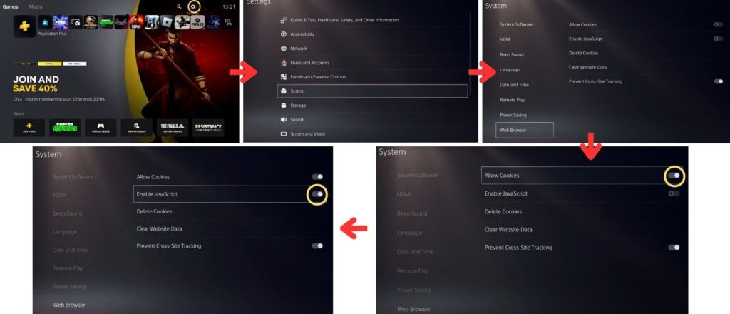 PS5 settings for enabling web browsing